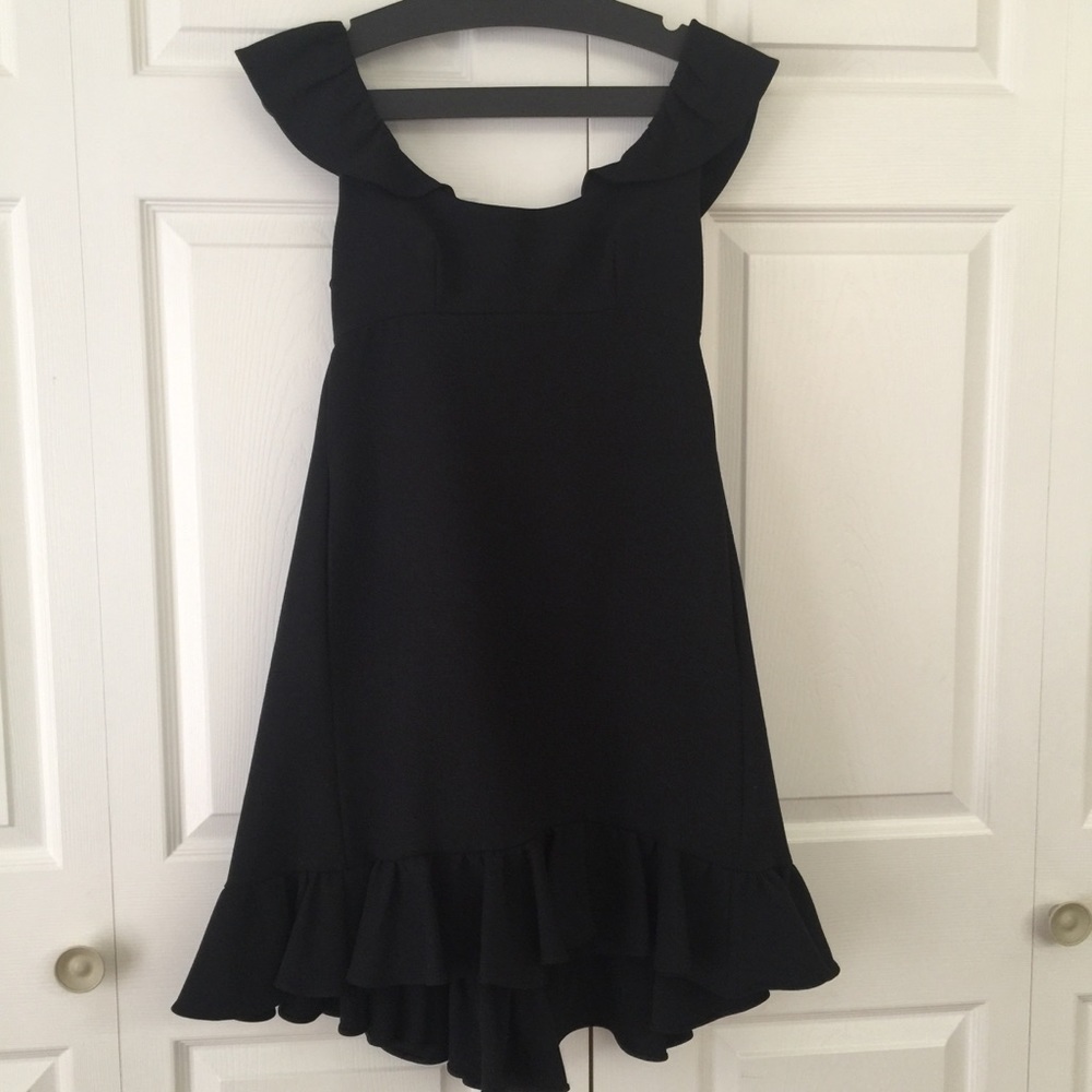 Milly Black Ruffled High Low Solid Sheath Dress